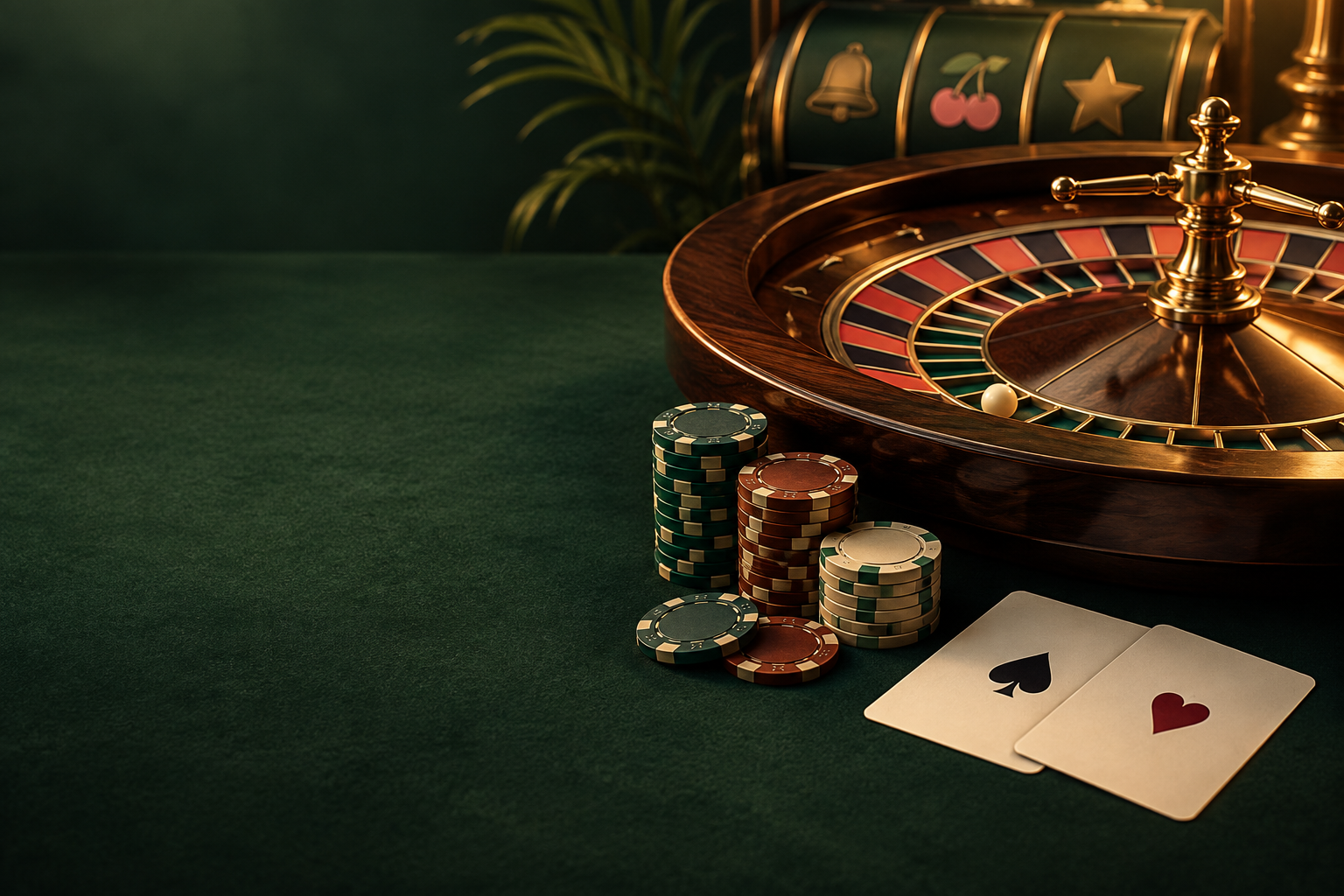Meja roulette, kartu dan chip dengan pencahayaan tembaga