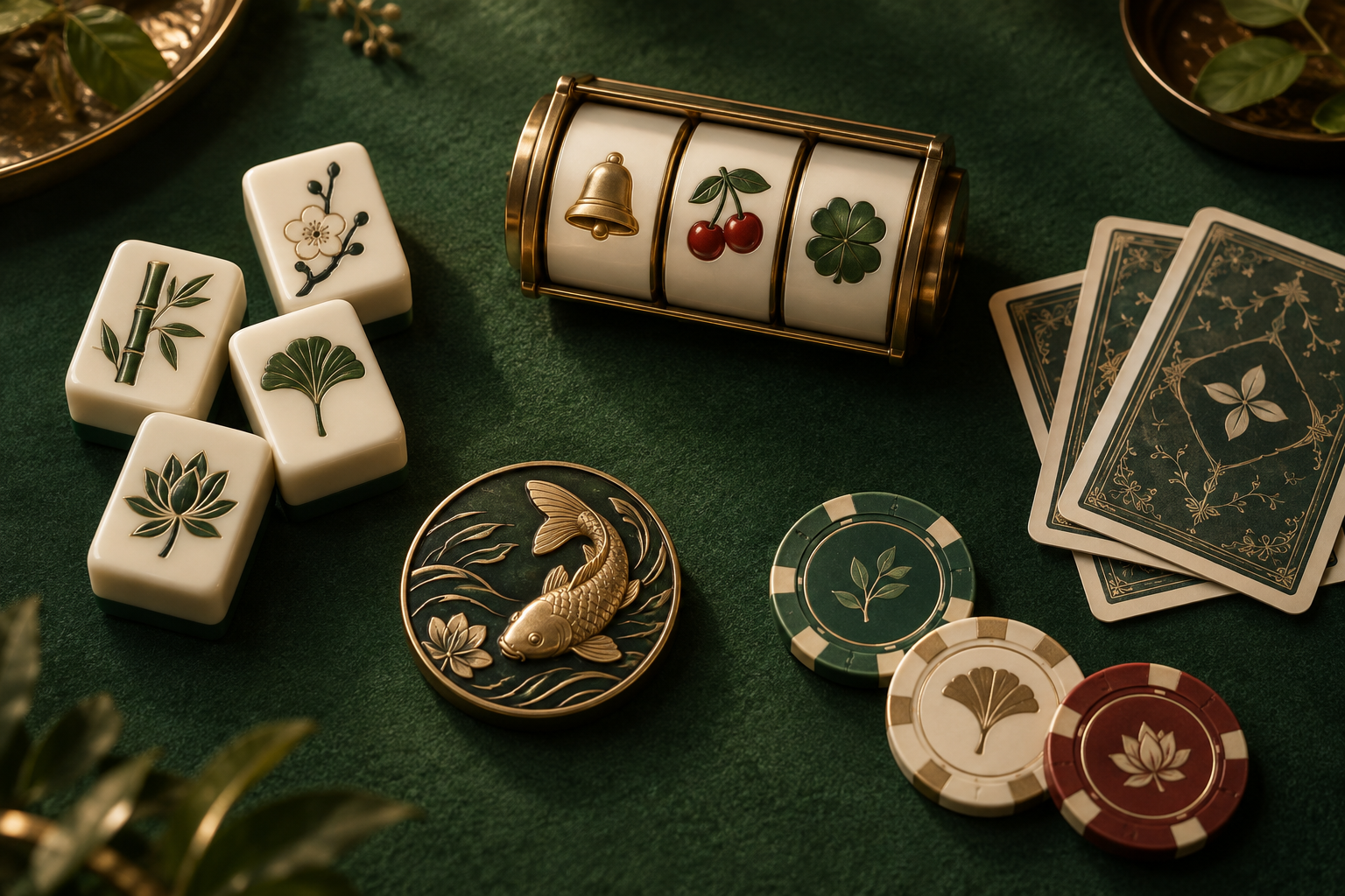 Gulungan slot, kartu, ubin permainan dan chip di meja hijau
